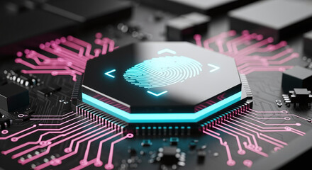 A sleek, reflective shield, acting as a security hub, displays a glowing digital fingerprint on its surface. The shield has a bright cyan glowing edge and is integrated into a motherboard with radiati