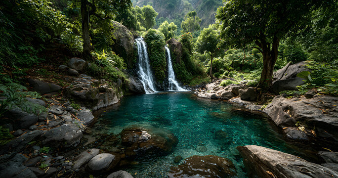 Jungle waterfall cascade in tropical rainforest with rock and turquoise blue pond. Its name Banyumala because its twin waterfall in mountain slope