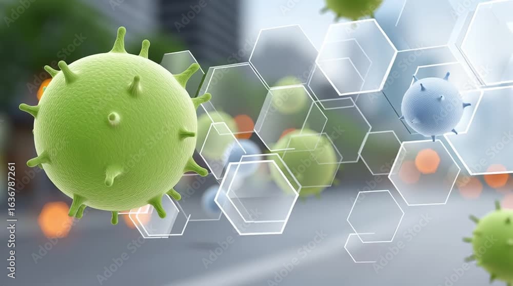Poster colorful 3d illustration of bacteria and viruses floating in a blurred urban environment, showcasing