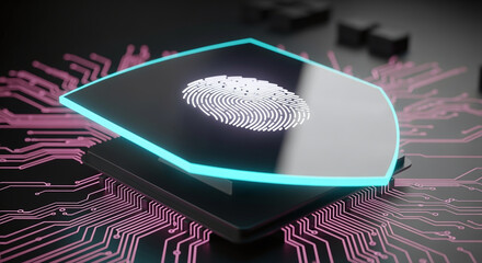 A sleek, reflective shield, acting as a security hub, displays a glowing digital fingerprint on its surface. The shield has a bright cyan glowing edge and is integrated into a motherboard with radiati