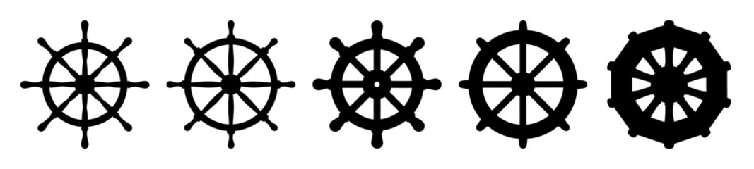 Collection of five black ship wheels or nautical steering wheels variations © kulsum