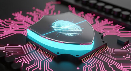 A sleek, reflective shield, acting as a security hub, displays a glowing digital fingerprint on its surface. The shield has a bright cyan glowing edge and is integrated into a motherboard with radiati