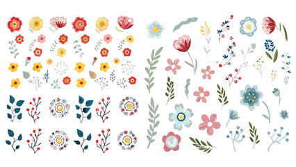 Fototapeta premium Illustration of assorted watercolor flowers and foliage in a variety of colors and arrangements on white background