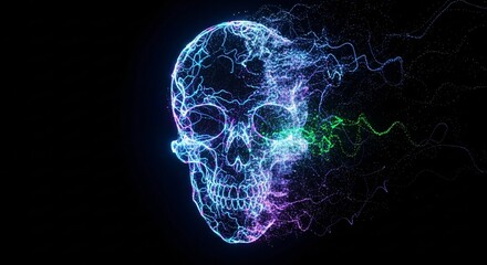 Digital illustration of a human skull formed by luminous blue and purple particles with energy trails on black.