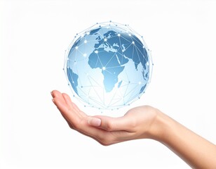 A human hand gently supports a glowing blue globe with an intricate network of connections, symbolizing global communication and technology.