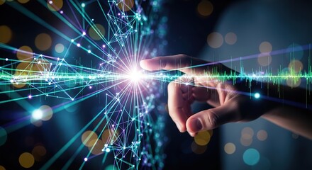 Human hand touching a glowing digital network of connections