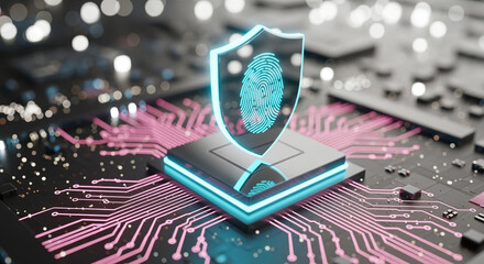 A sleek, reflective shield, acting as a security hub, displays a glowing digital fingerprint on its surface. The shield has a bright cyan glowing edge and is integrated into a motherboard with radiati