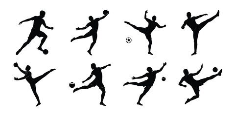 Vector art of set of athletic silhouettes performing various sports actions, isolated on white background