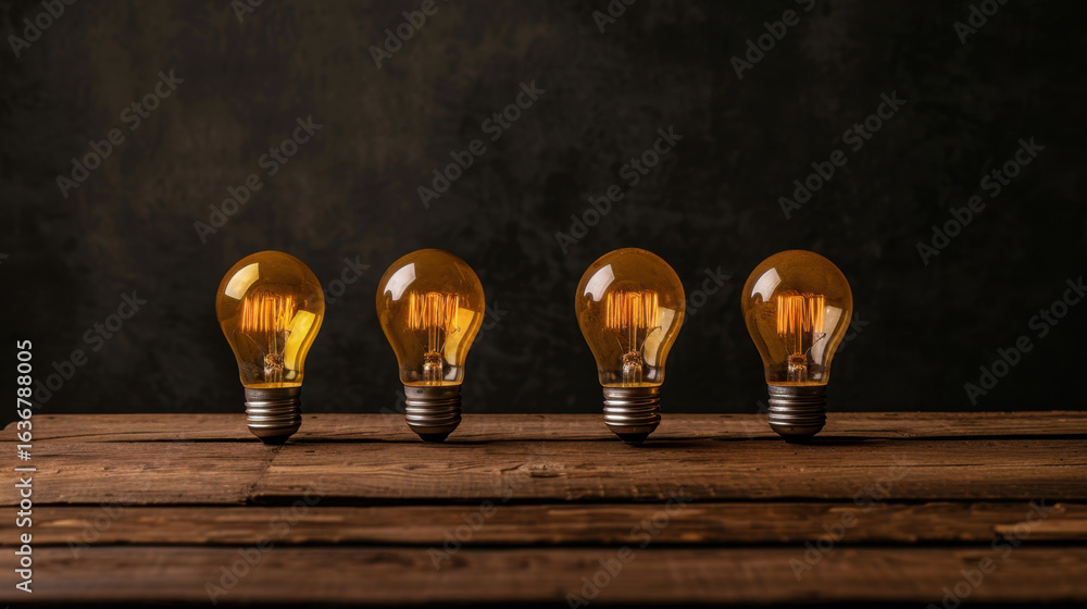 Poster bright and warm vintage light bulbs arranged in row on rustic wooden table, creating cozy and inviti