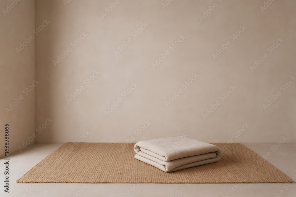 Poster soft blanket folded on a natural mat, creating a cozy and inviting atmosphere in a minimalist interi