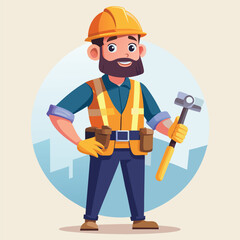 Cartoon Construction Worker Ready to Build Holding a Hammer, Tool Belt, Wearing Yellow Hard Hat and Orange Safety Vest