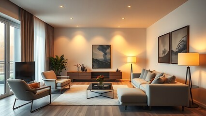 Fototapeta premium Modern living room with minimalist furniture, embodying elegance and contemporary design.
