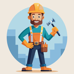 Cartoon Construction Worker Ready to Build Holding a Hammer, Tool Belt, Wearing Yellow Hard Hat and Orange Safety Vest