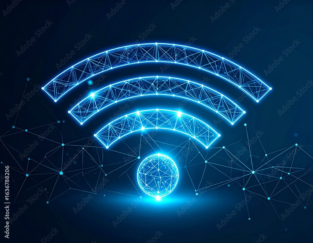 Poster abstract glowing blue wi-fi symbol with interconnected network lines on a dark background, represent