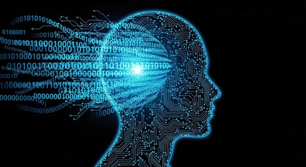 Artificial intelligence brain with digital data flowing into head