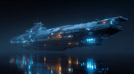 UFO, unidentified flying object, or aliens modern spaceship with light beam flying on dark cloudy sky over someplace in the earth. Generative AI.