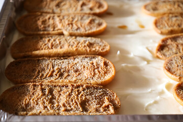 Layer of Tiramisu dessert in the kitchen