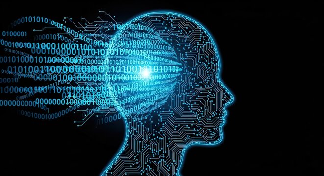 Artificial intelligence brain with digital data flowing into head