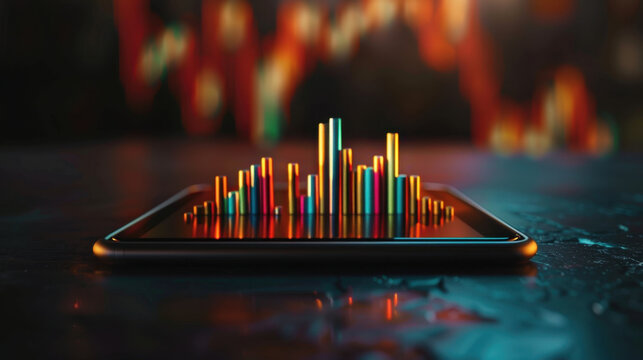 Vibrant 3D bar graph displayed on smartphone screen, showcasing colorful data visualization against blurred background of fluctuating graphs. This represents modern technology and analytics