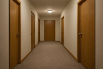 Fototapeta premium Long corridor with several closed wooden doors on each side and a beige carpet under a ceiling light