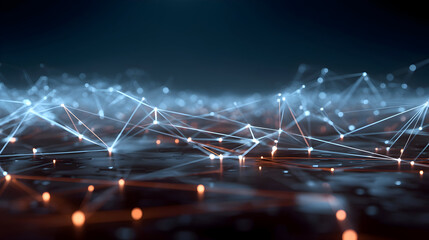 Luminous Blue and Orange Plexus Network Over a Reflective Digital Horizon.