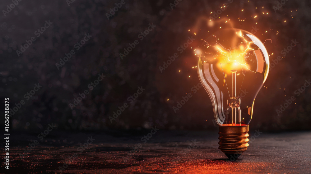 Poster glowing light bulb with sparks emanating from it, symbolizing creativity and innovation. warm light 