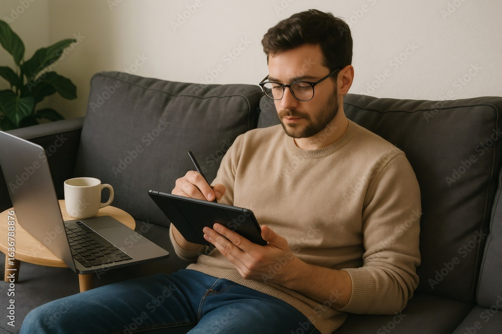 Poster creative man using digital pen and tablet while working remotely from home sitting on a cozy couch w
