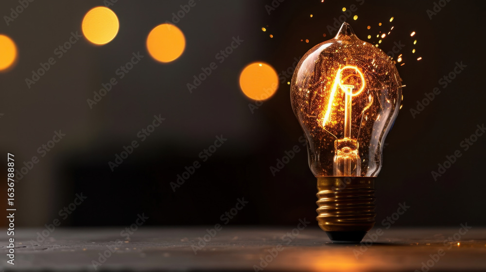 Poster glowing light bulb with sparkling filament emits warm, inviting glow, surrounded by soft bokeh light