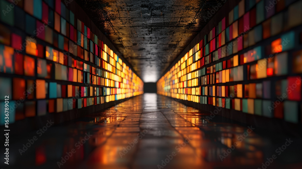 Poster vibrant corridor illuminated by colorful lights creates mesmerizing atmosphere. reflections on wet f