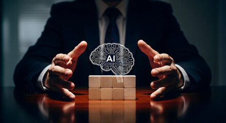 A person's hands frame a glowing digital brain representing artificial intelligence, symbolizing innovation and future development