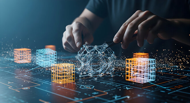 A person's hands delicately shape intricate digital constructs on a glowing interface.