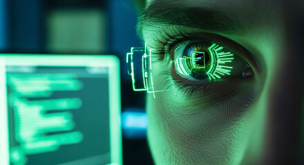 High-Tech Vision: Human Eye with Green Digital Information Overlay