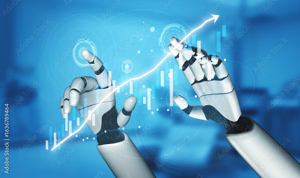 Poster engaging image of robotic hands demonstrating interaction with upward-trending data visualizations, 