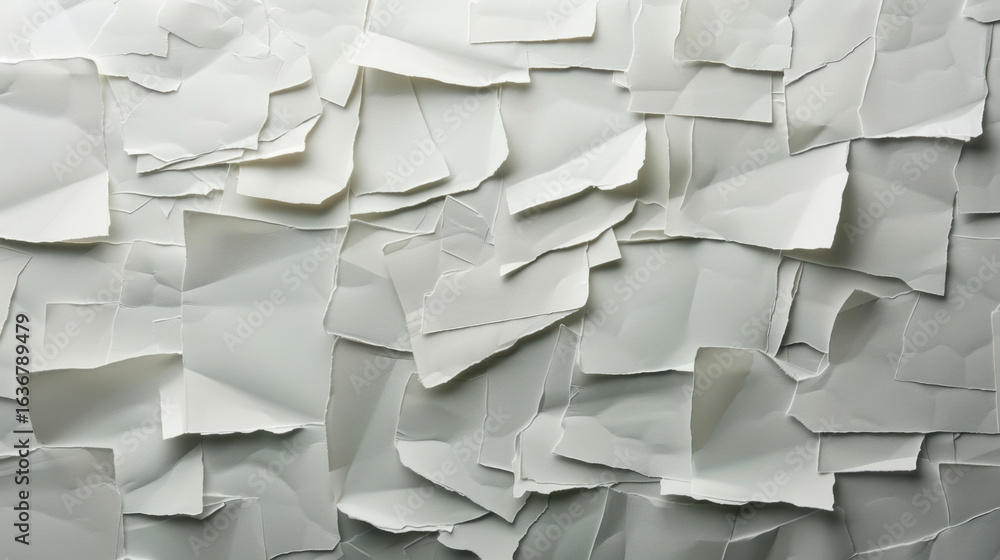 Poster textured background of crumpled and torn white paper pieces layered together, creating visually inte