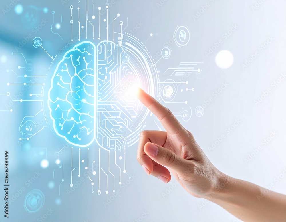Poster human hand interacting with a digital representation of a brain, symbolizing artificial intelligence