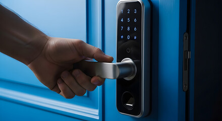 Hand interacts with a sleek digital door lock on a vibrant blue door, emphasizing modern security access.