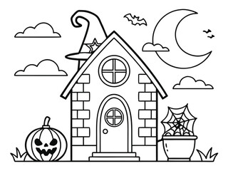 Halloween A4 coloring page, black and white design. Halloween haunted house colouring page for adults and kids