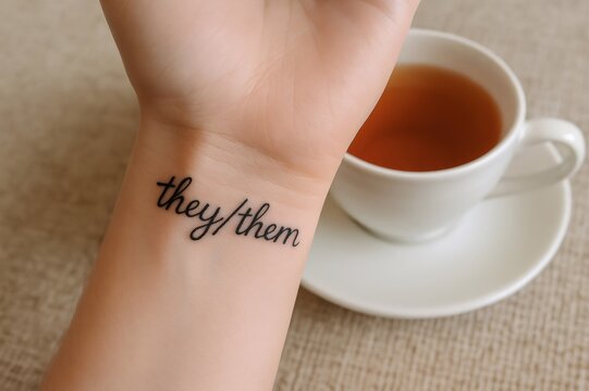 Close up of a theythem pronouns tattoo on a person's wrist, with a cup of tea in the background, symbolizing gender identity and self expression