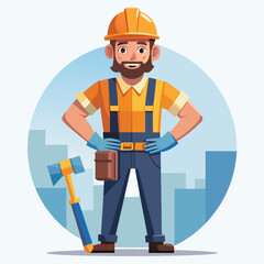 Cartoon Construction Worker Ready to Build Holding a Hammer, Tool Belt, Wearing Yellow Hard Hat and Orange Safety Vest