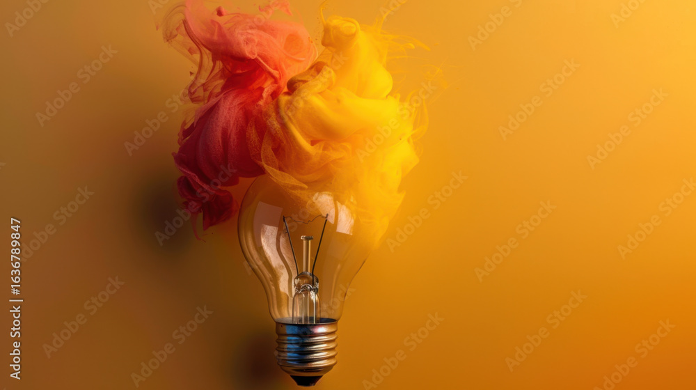 Poster light bulb emits vibrant colors of orange and yellow smoke, creating dynamic and artistic visual eff