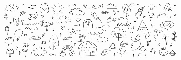 Cute Hand Drawn Doodle Elements: Nature, House, Clouds, Flowers, and More