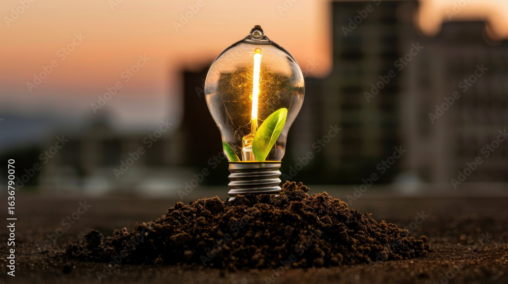 Poster light bulb with glowing filament is placed in soil, symbolizing growth and innovation. background fe