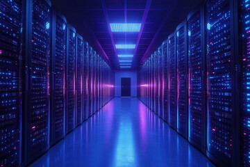 Fototapeta premium Modern Server Room Data Center Infrastructure With Blue LED Lights Corridor Technology Computer Racks Network Equipment Digital Computing Network Storage