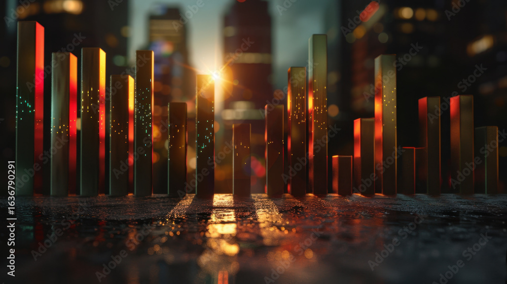 Poster vibrant cityscape at sunset features glowing vertical bars, creating dynamic visual representation o