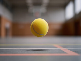 Ball mid–air with court markings blurred in background