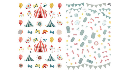 Fototapeta premium Illustration of circus tents, balloons, bows, and various decorative elements in a whimsical style