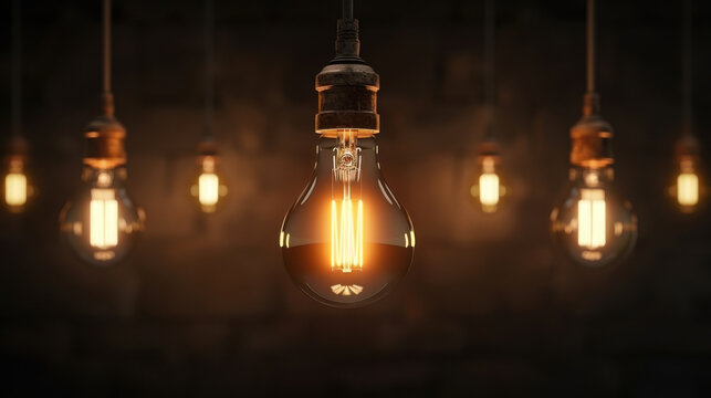 Brightly glowing vintage light bulbs hang from ceiling, casting warm ambiance in dimly lit space. intricate design of bulbs adds touch of elegance to atmosphere