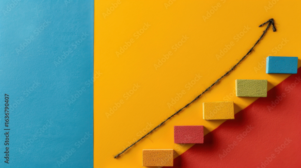 Poster colorful building blocks arranged in staircase pattern on vibrant background symbolize growth and pr