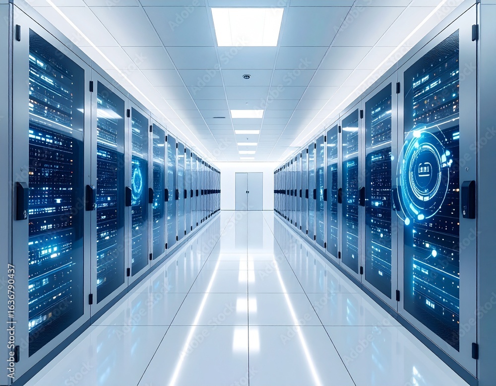 Poster rows of server racks in a data center, showcasing modern technology and infrastructure.