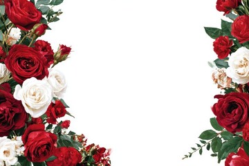 Vibrant red floral card design featuring lush red and white roses with greenery on two sides ideal for personalized greetings and congratulations.